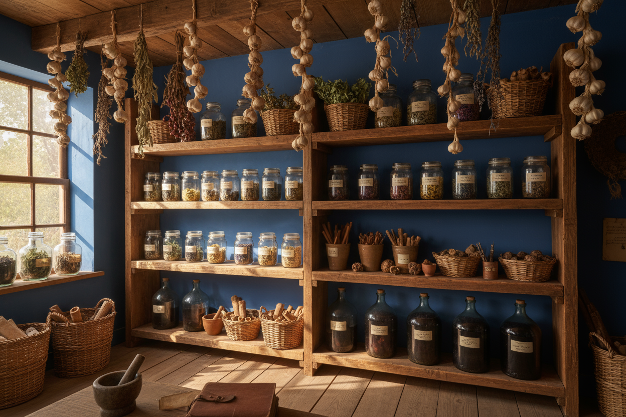 herbs on shelves infront of blue wall with garlic hanging down 